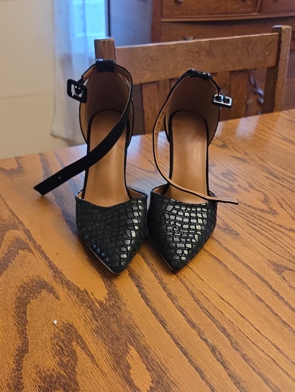 Black Croc-Embossed Pointed-Toe Ankle-Strap Pumps